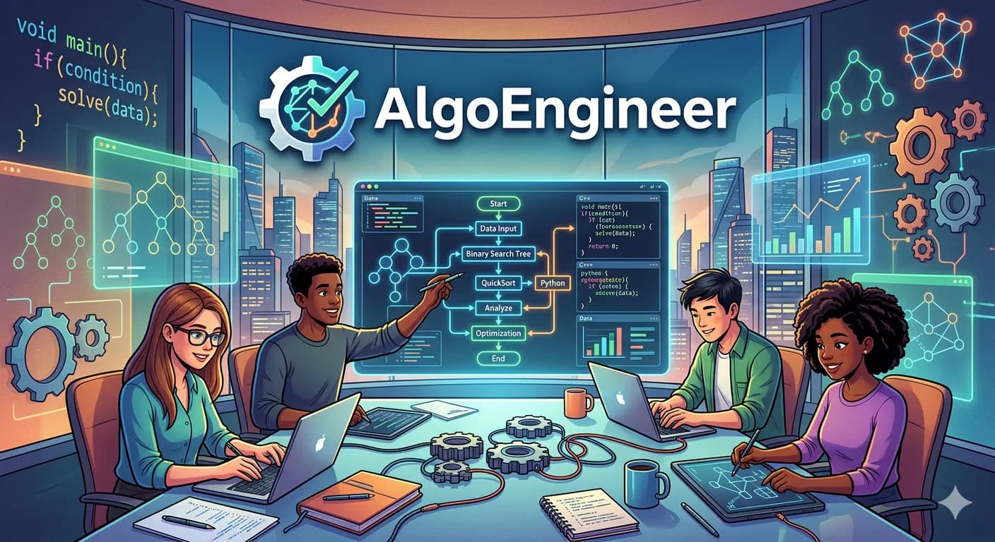 Students collaborating on algorithms and data structures with flowcharts, code editors, and system design diagrams